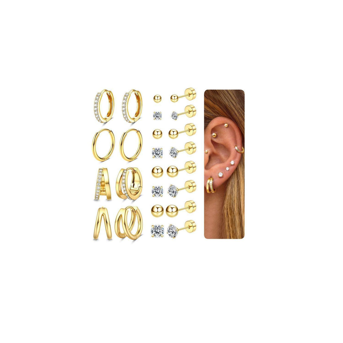 12 Paar Ohrringe Set Gold Silber | Edelstahl Piercing für Damen Herren