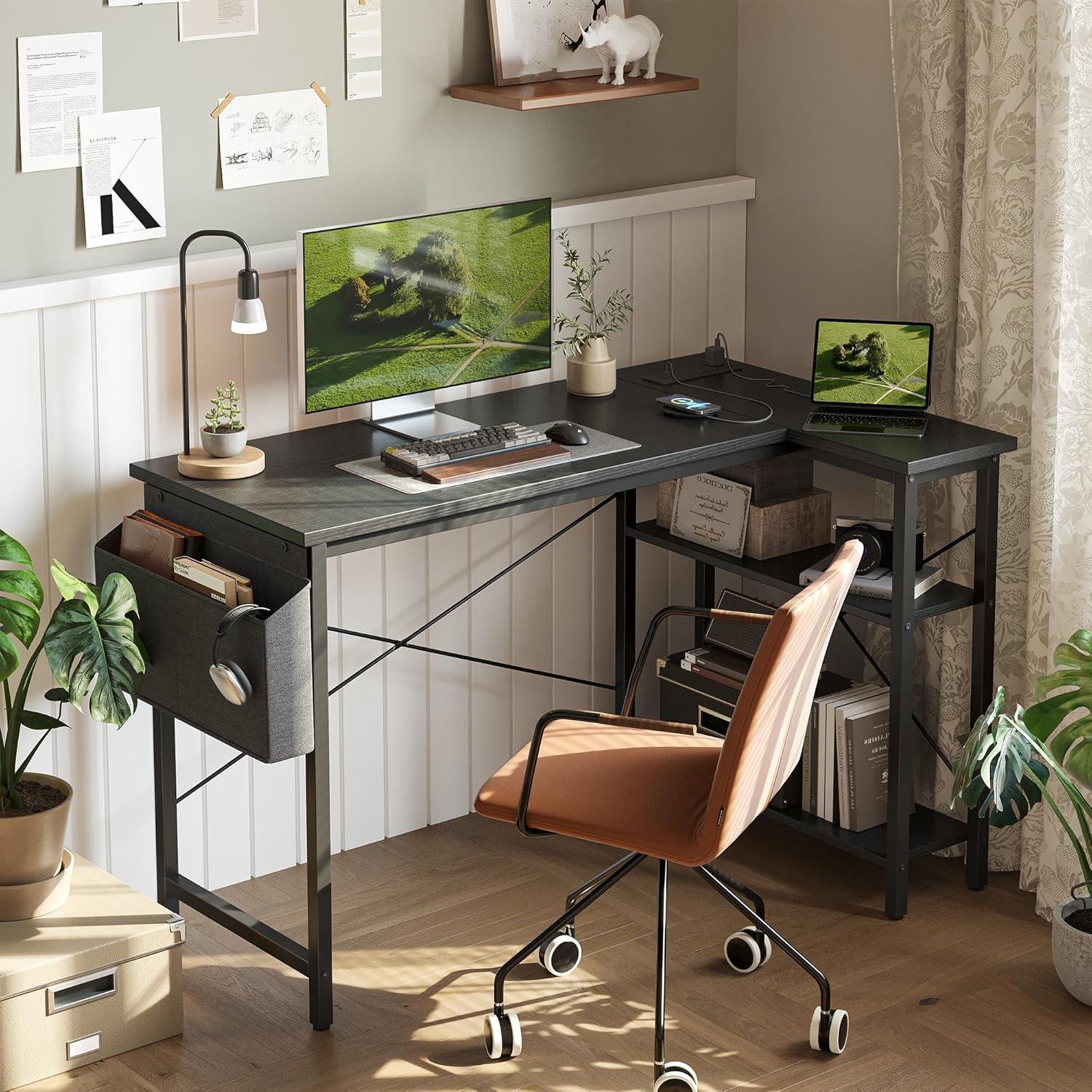 L-Form Gaming Schreibtisch mit Steckdosen und