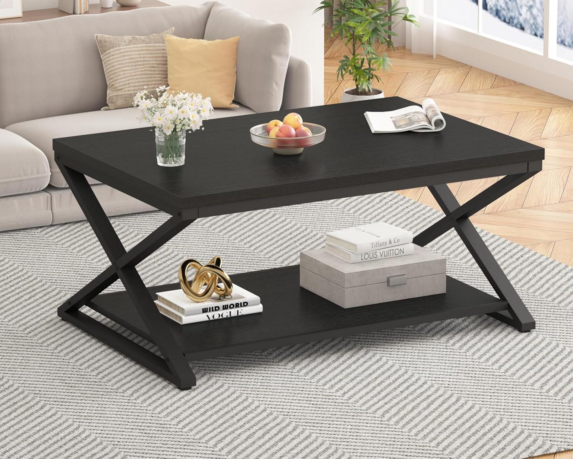 Couchtisch mit Stauraum Schwarz Holz Metall 100x60x45cm