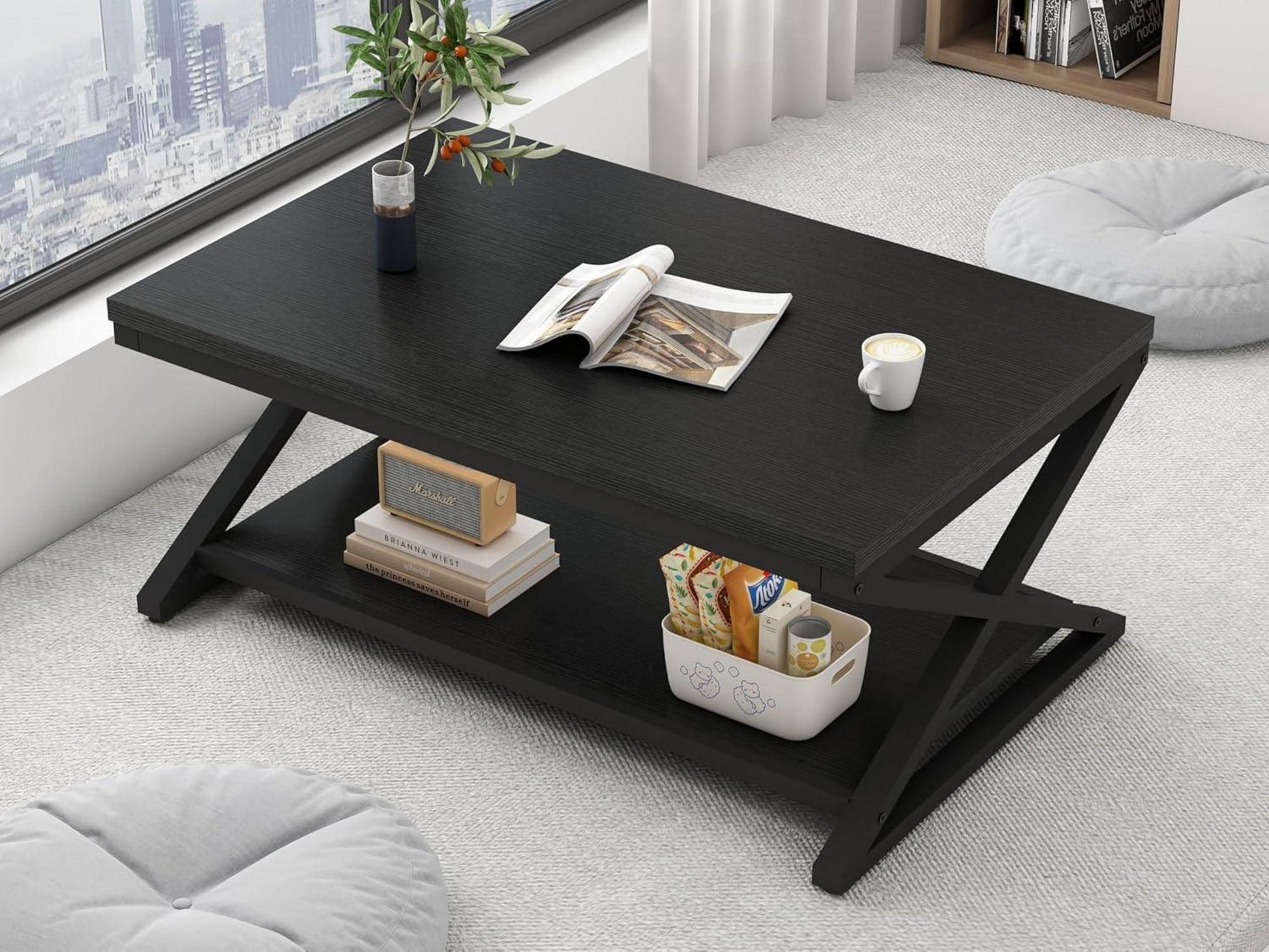 Kleiner Couchtisch Schwarz mit Stauraum 100x60x45cm Holz/Metall