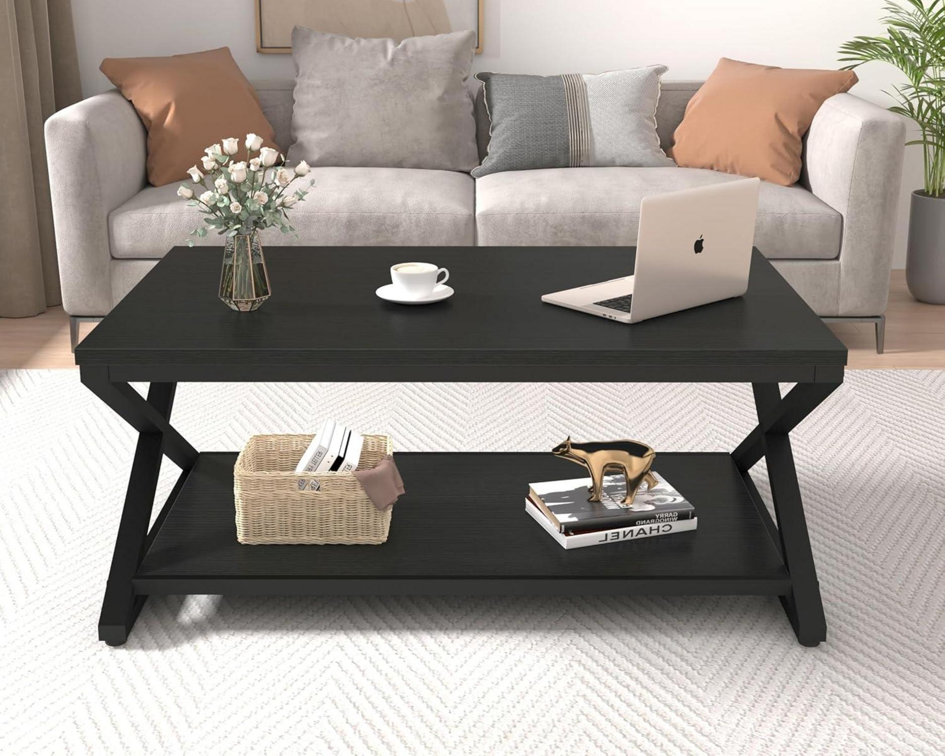 Kleiner Couchtisch Schwarz Holz Metall Stauraum Beistelltisch 100x60cm