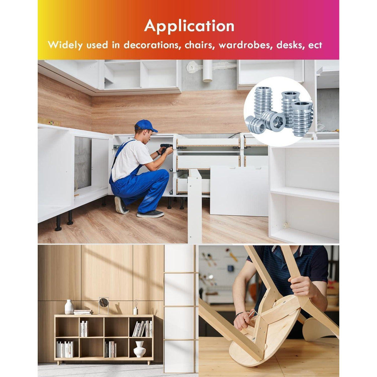 Einschraubmuttern M8x15mm für Holz, 50 Stück mit Schraubenschlüssel