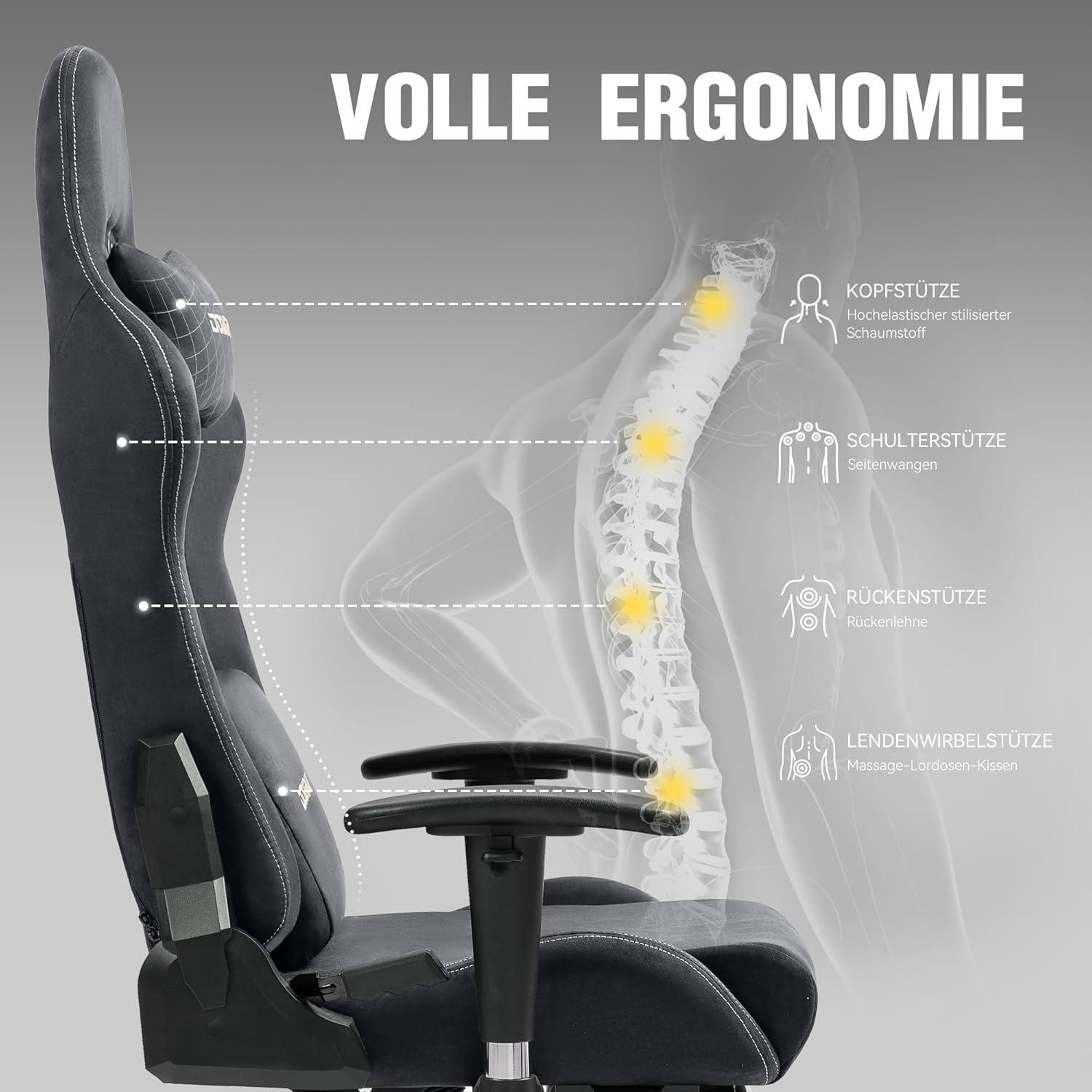Gaming Stuhl, Bürostuhl mit Massage, Wildleder, 90-165°, Grau
