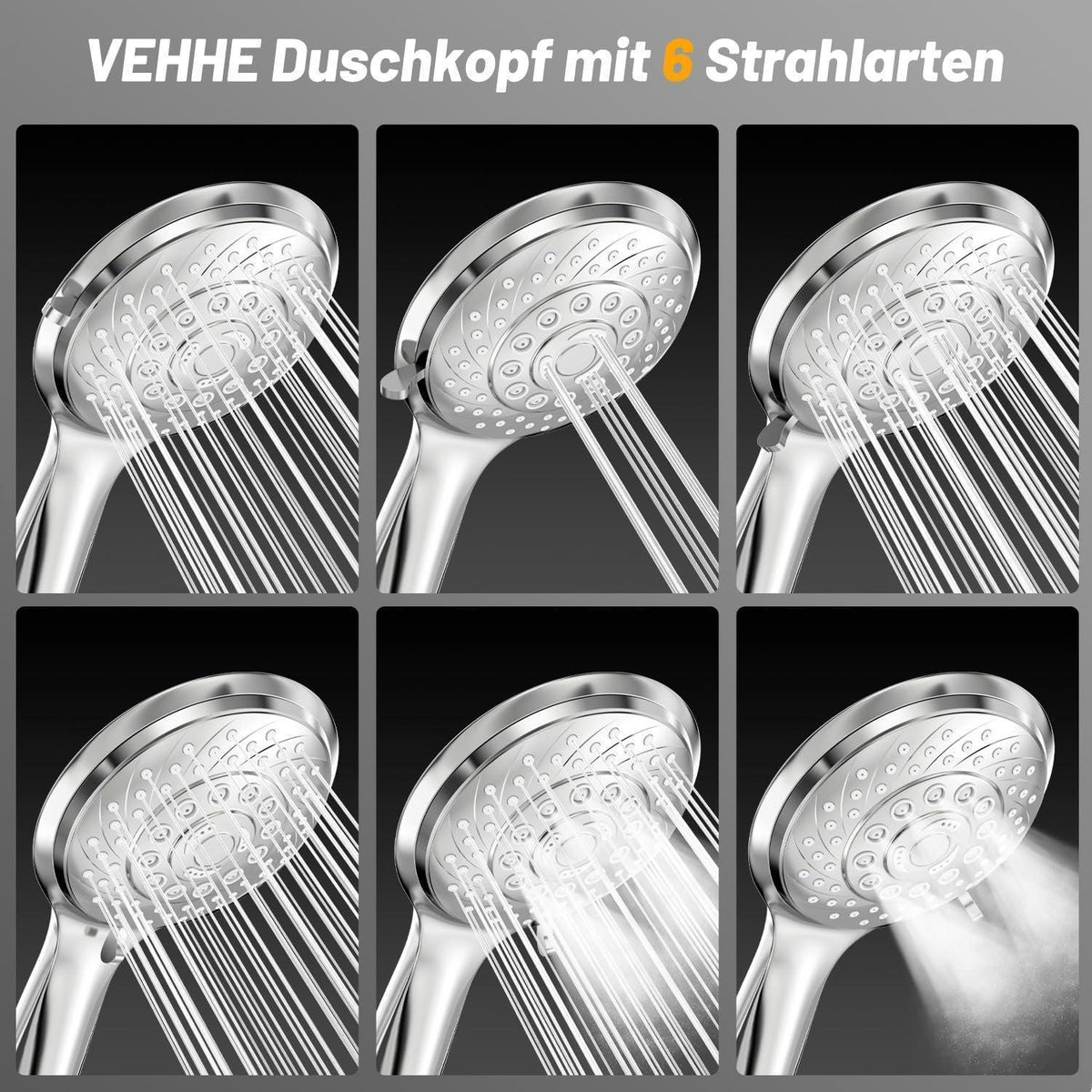 Duschkopf mit Schlauch, 6 Strahlarten, Chrom