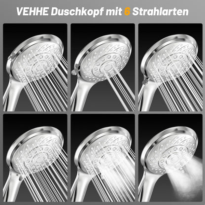 Duschkopf mit Schlauch, 6 Strahlarten, Chrom