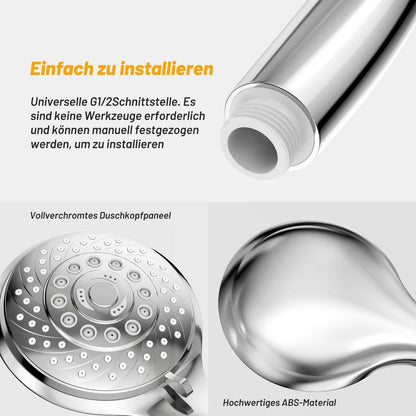 Duschkopf mit Schlauch, 6 Strahlarten, Chrom
