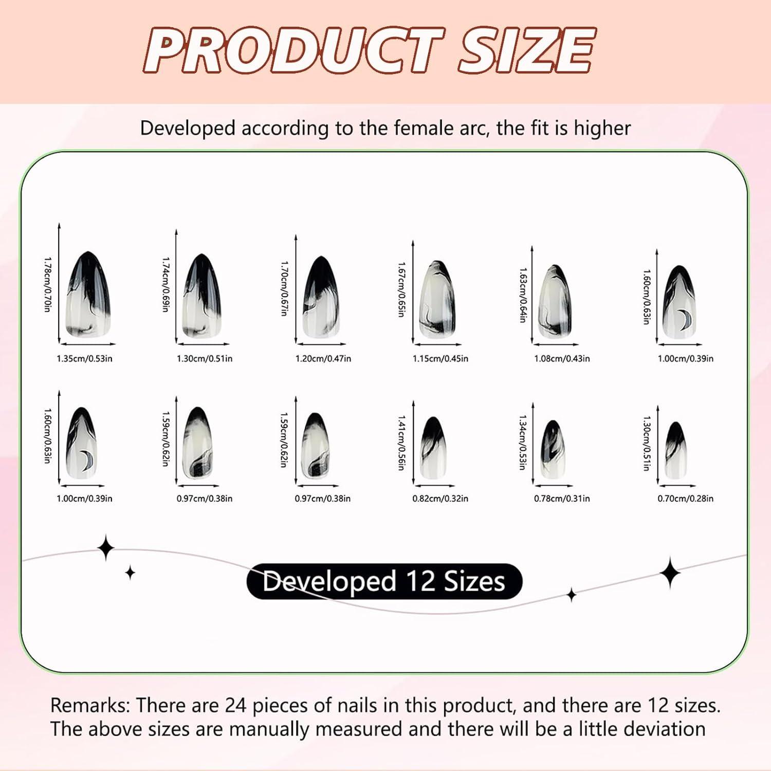 24 Schwarze Mond-Design Press-On Almond Fake Nails