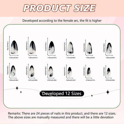 24 Schwarze Mond-Design Press-On Almond Fake Nails