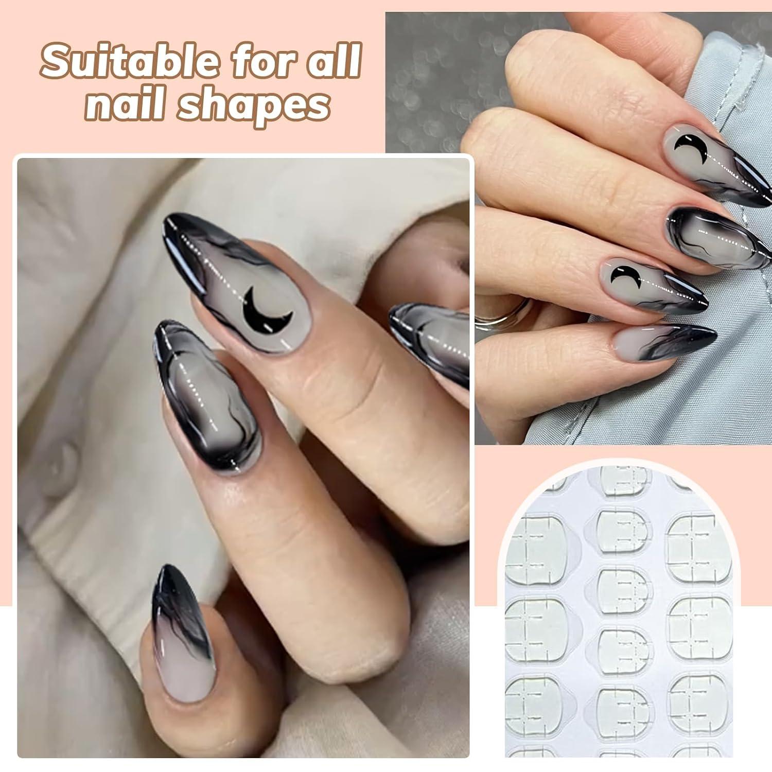 24 Schwarze Kunstnägel Mond-Designs Almond Form Press On Nägel Fake Nails