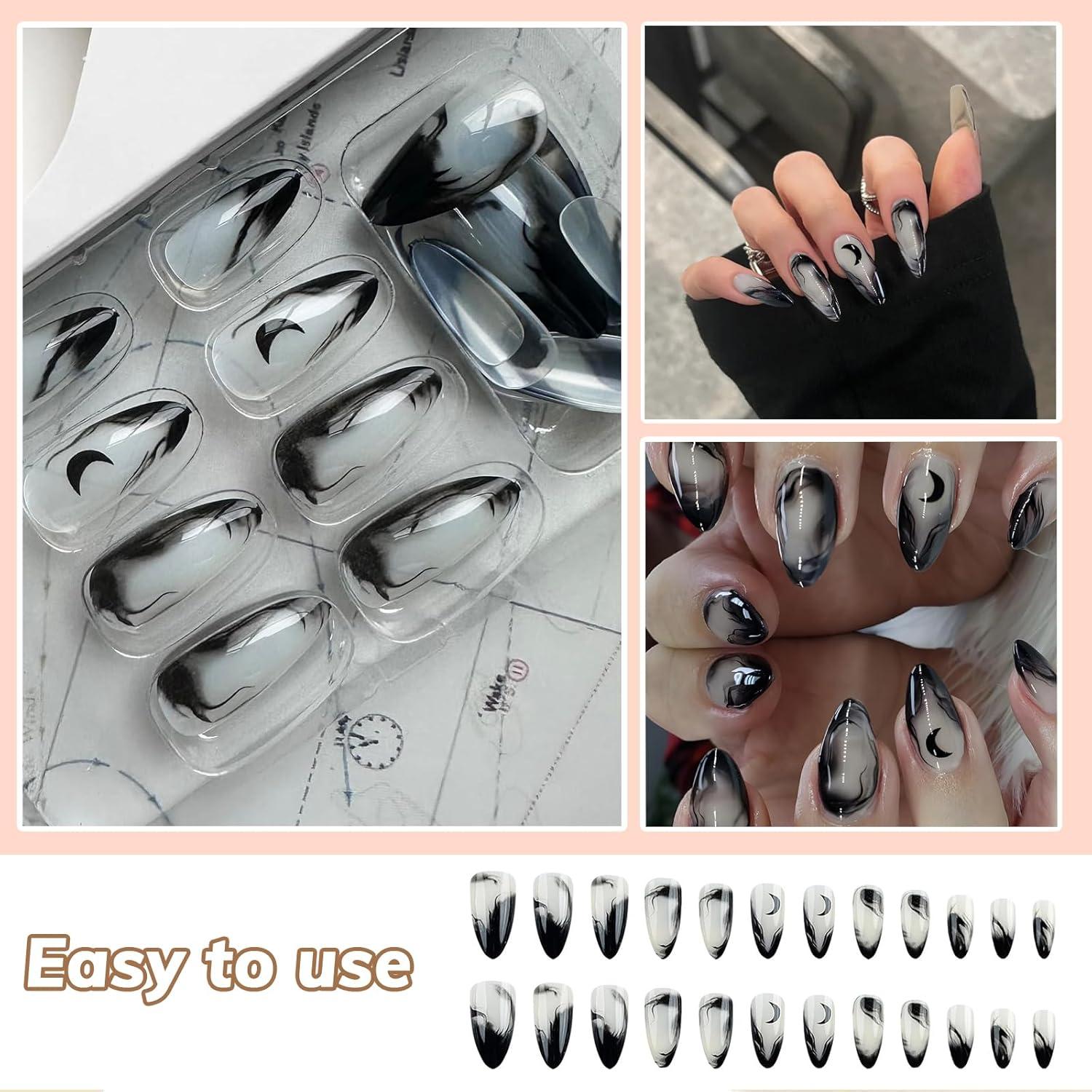 24er Set Schwarze Kunstnägel mit Mond-Designs, Almond Form - Press On Nägel