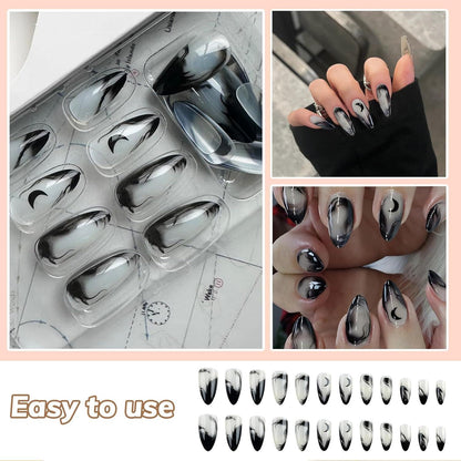 24er Set Schwarze Kunstnägel mit Mond-Designs, Almond Form - Press On Nägel