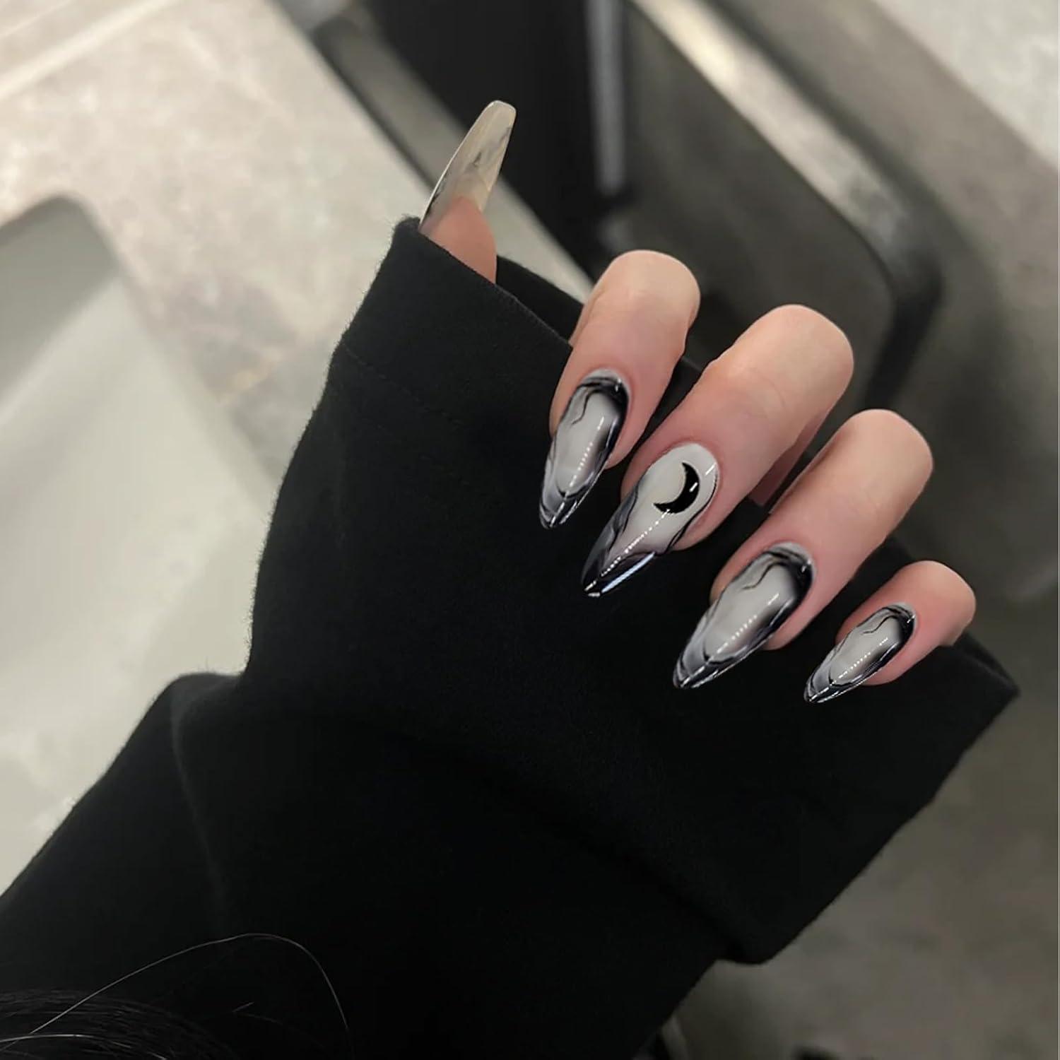 24 Schwarze Mond-Designs Kunstnägel Almond Press On Nails