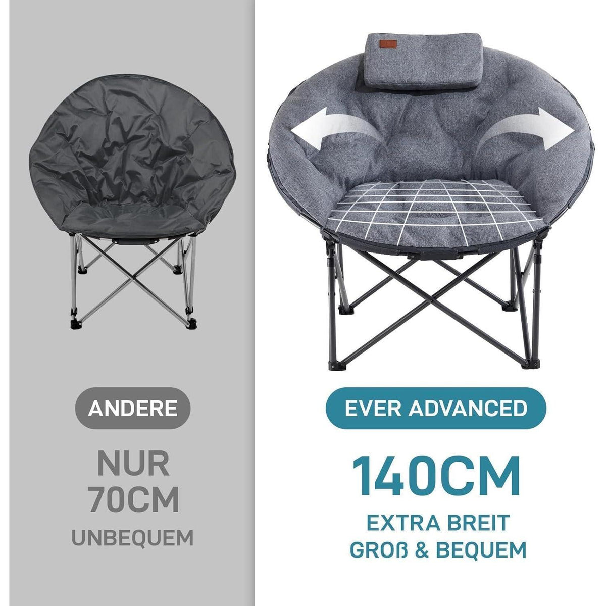 XXL Moonchair Campingstuhl faltbar, 150kg belastbar, dick gepolstert, grau