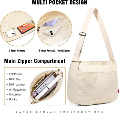 Große Canvas Messenger Bag mit Multi-Pockets, Unisex Schultertasche