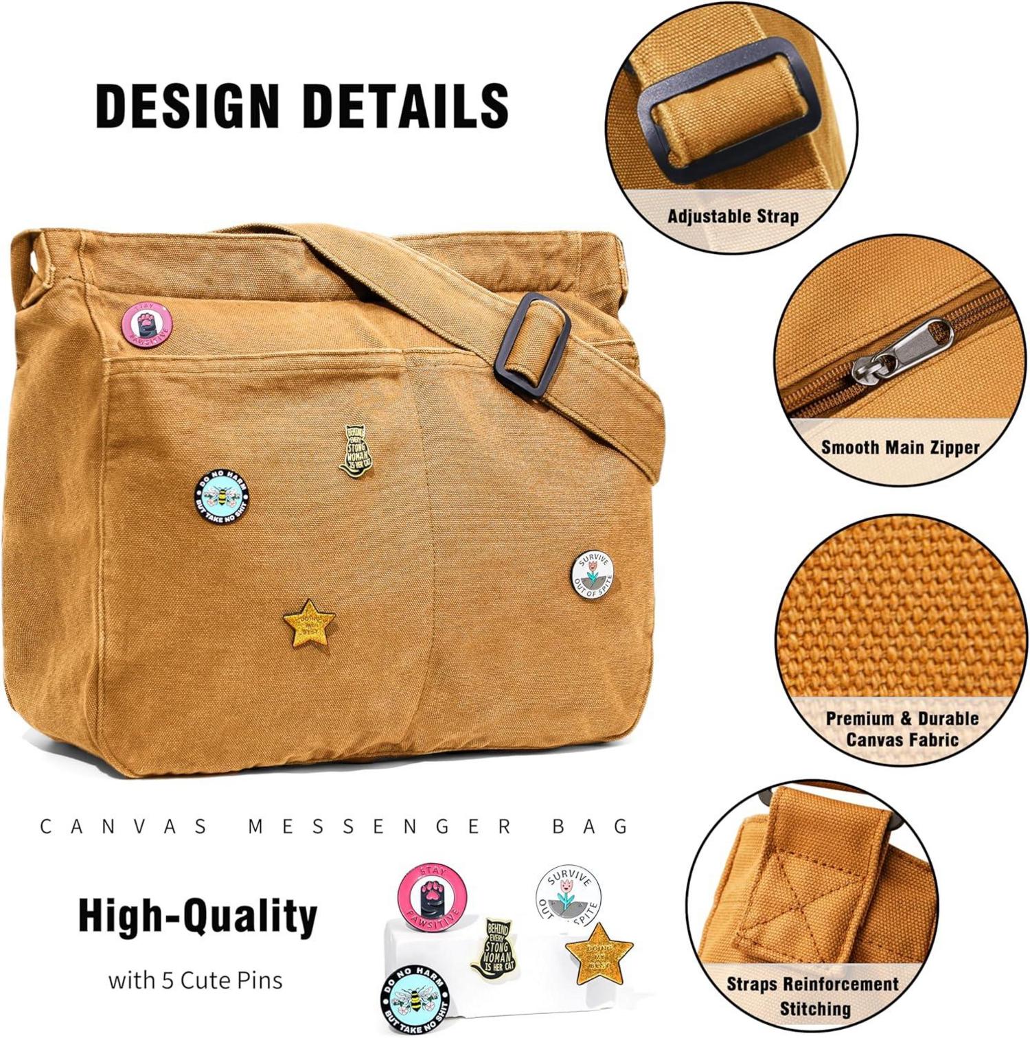 Große Canvas Kuriertasche mit Multi-Pockets, Schultertasche für Damen & Herren, Y2K Messenger Bag