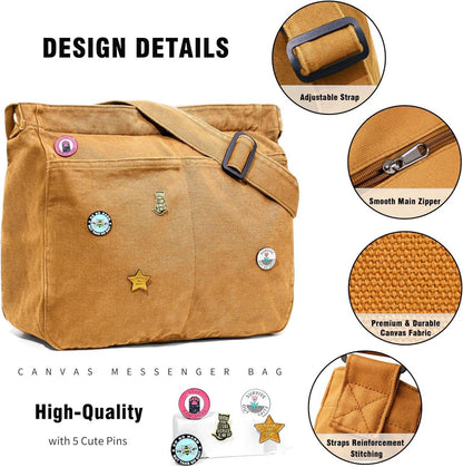 Große Canvas Kuriertasche mit Multi-Pockets, Schultertasche für Damen & Herren, Y2K Messenger Bag