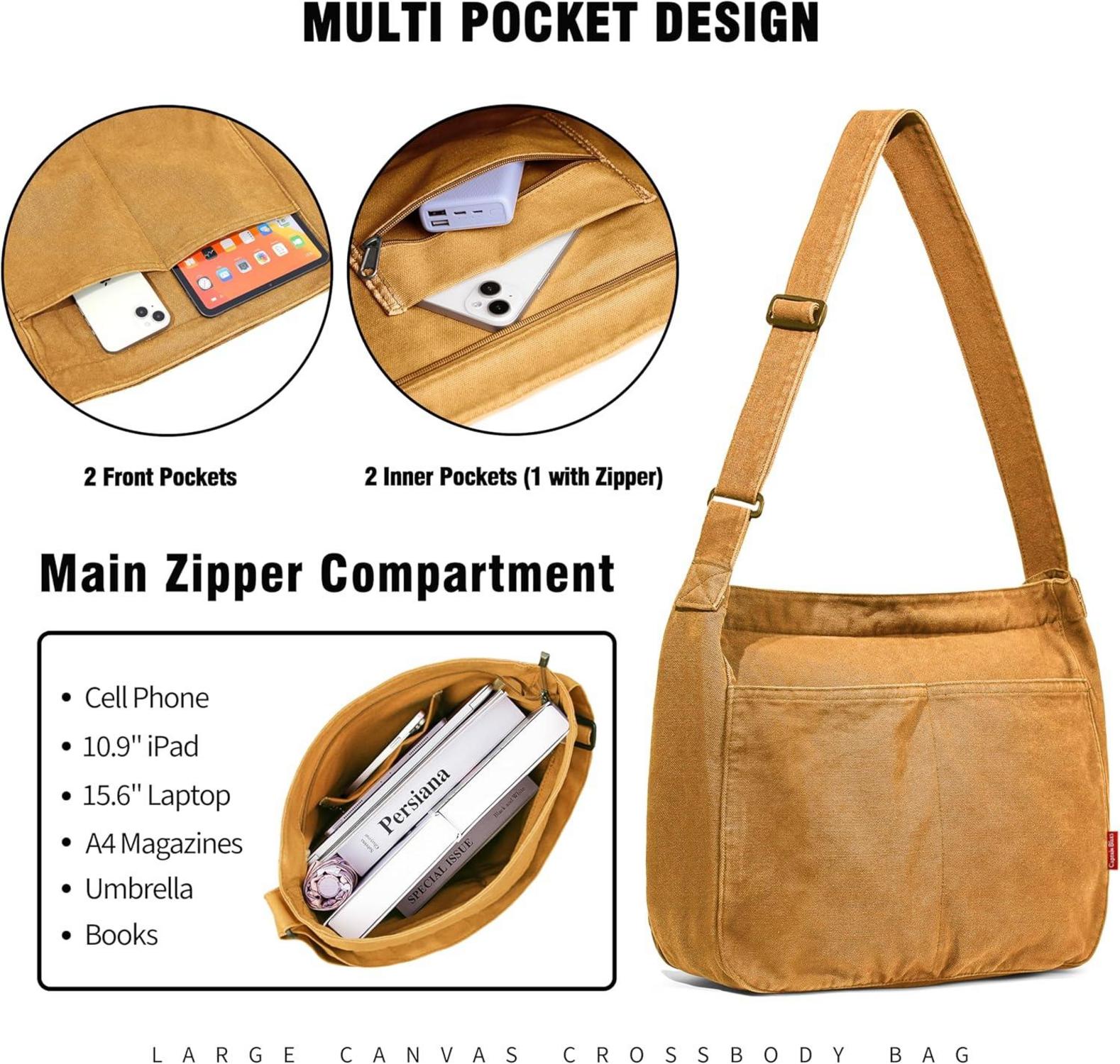 Canvas Messenger Bag Blau Große Tasche Multi-Pockets Schultertasche