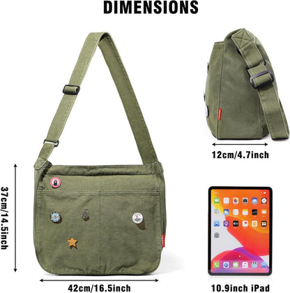 Große Canvas Messenger Bag mit Multi-Pockets, Shoulder Bag