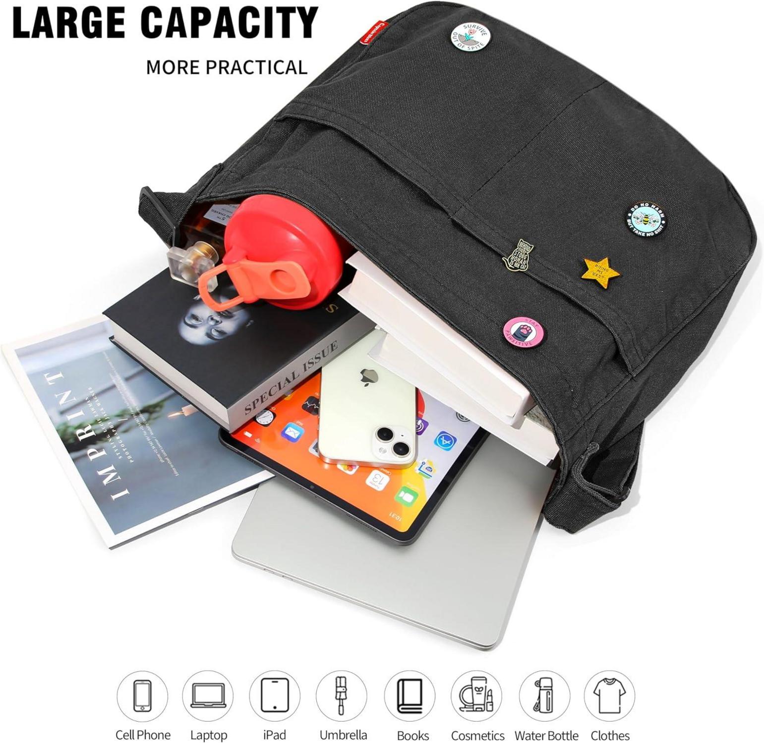 Große Canvas Messenger Bag in Blau mit Multi-Pockets und Schultergurt