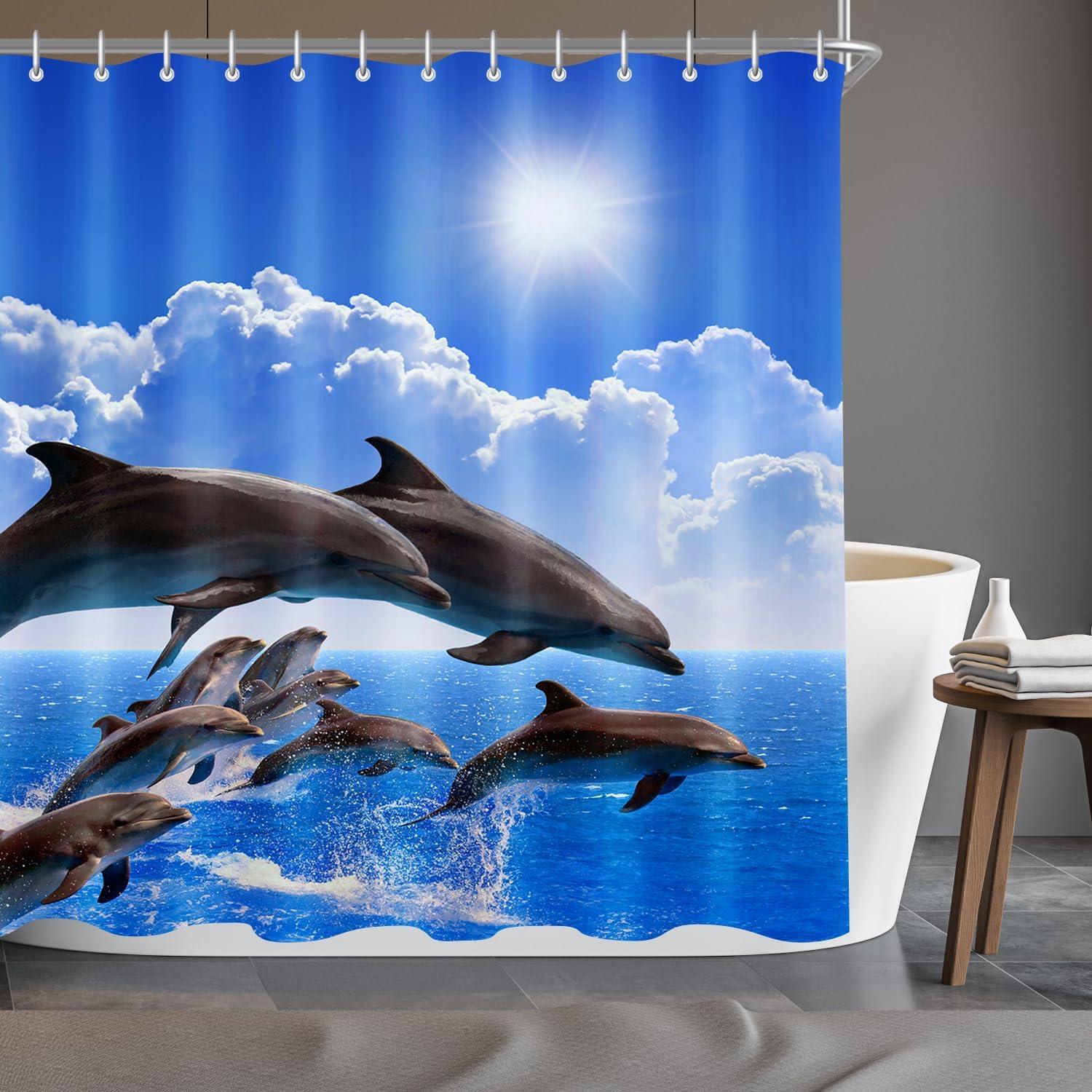 Duschvorhang Delphin 180x160cm Wasserabweisend Antischimmel Polyester mit 12 Ösen