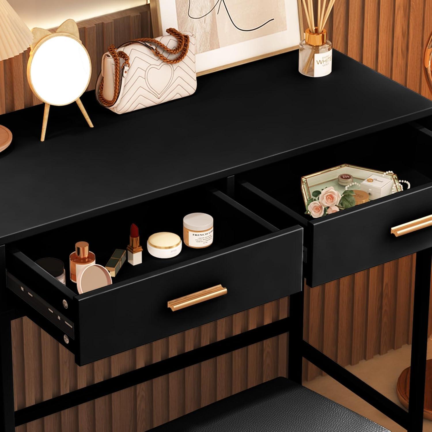 Schminktisch mit Hocker und 2 Schubladen, Schwarz, Metallbeinen, 90x40x78cm