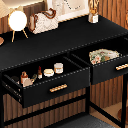 Schminktisch mit Hocker und 2 Schubladen, Schwarz, Metallbeinen, 90x40x78cm