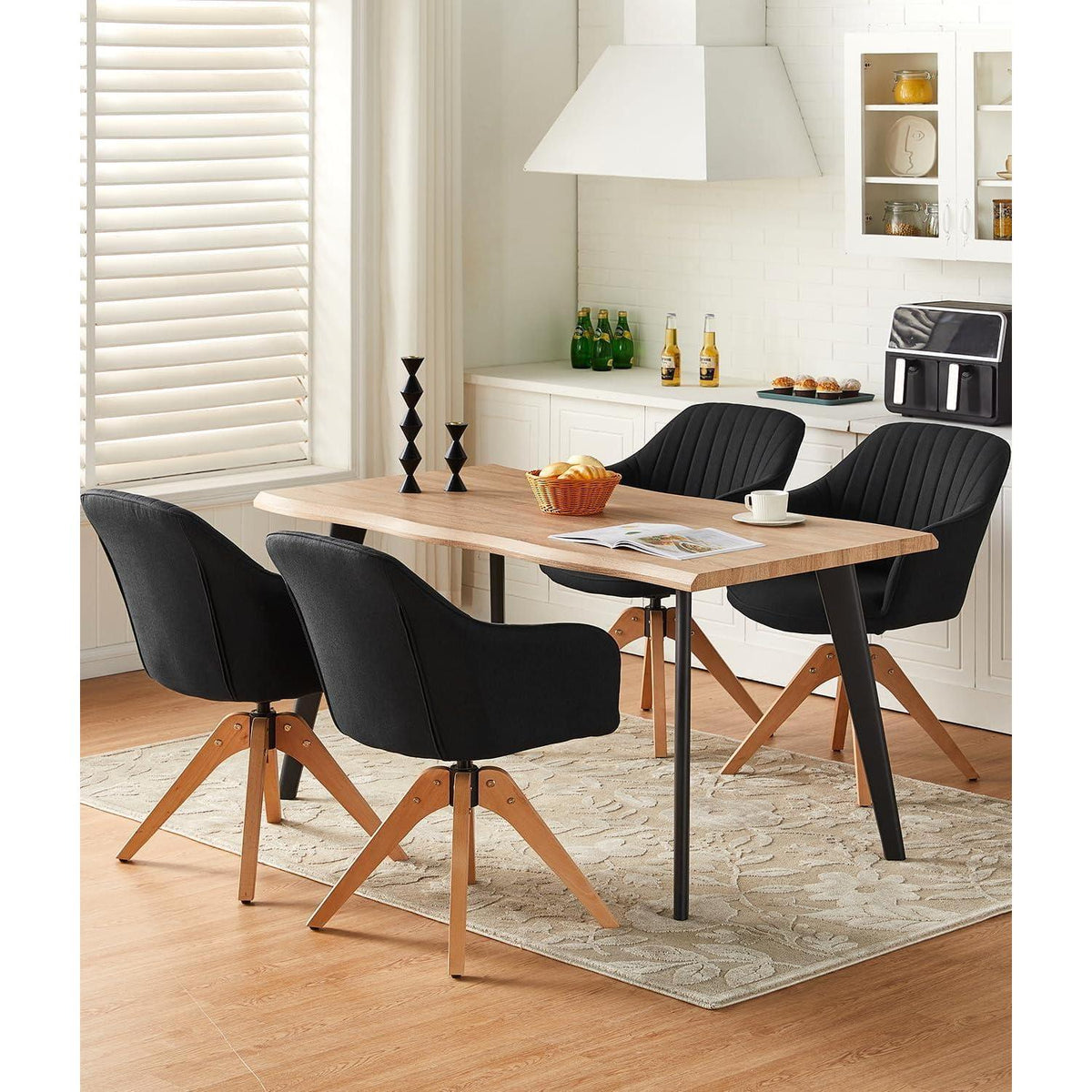 Drehbare Esszimmerstühle Set 2 | Leinen, Massivholz, Komfort