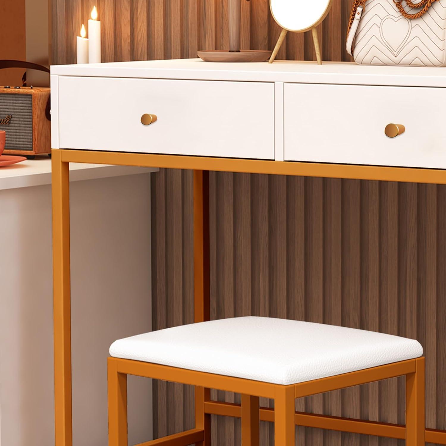 Modern White Makeup Vanity Table 2 Drawers Stool No Mirror Gold Legs 90x40x78cm