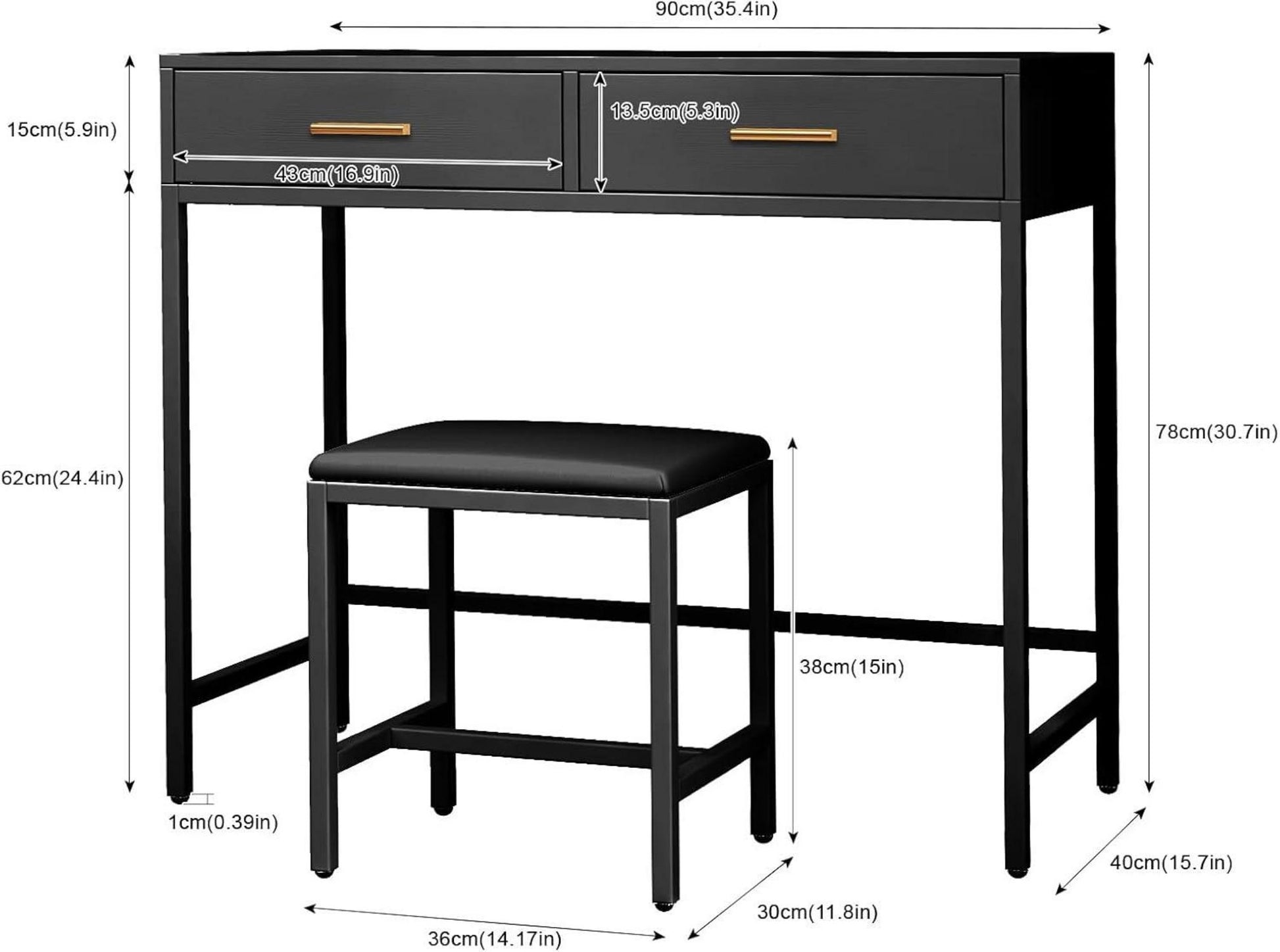 Schminktisch mit Hocker und Schubladen, modernes Design, Schwarz