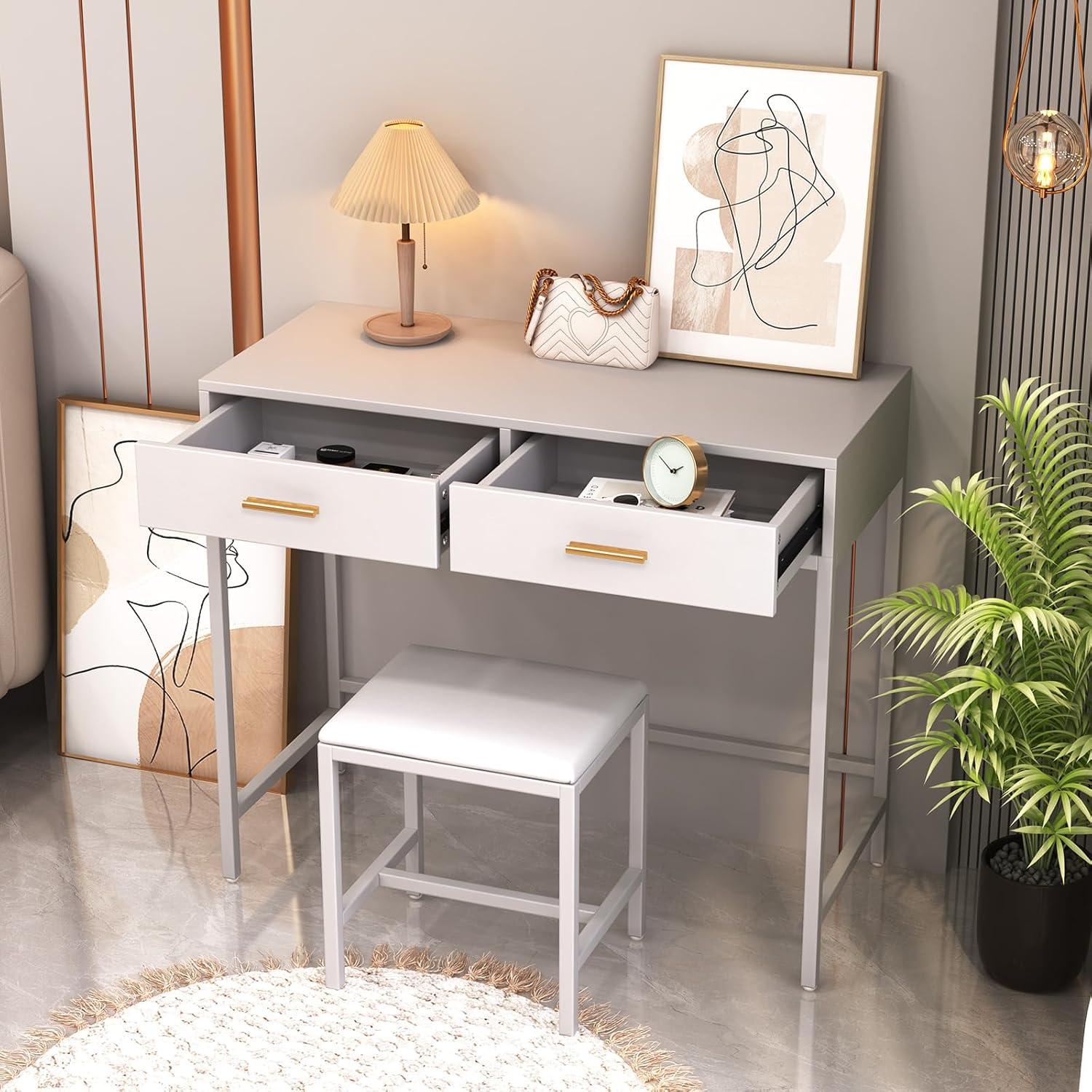 Schminktisch mit Hocker und Schubladen, Weiß, Modern, Große Tischplatte