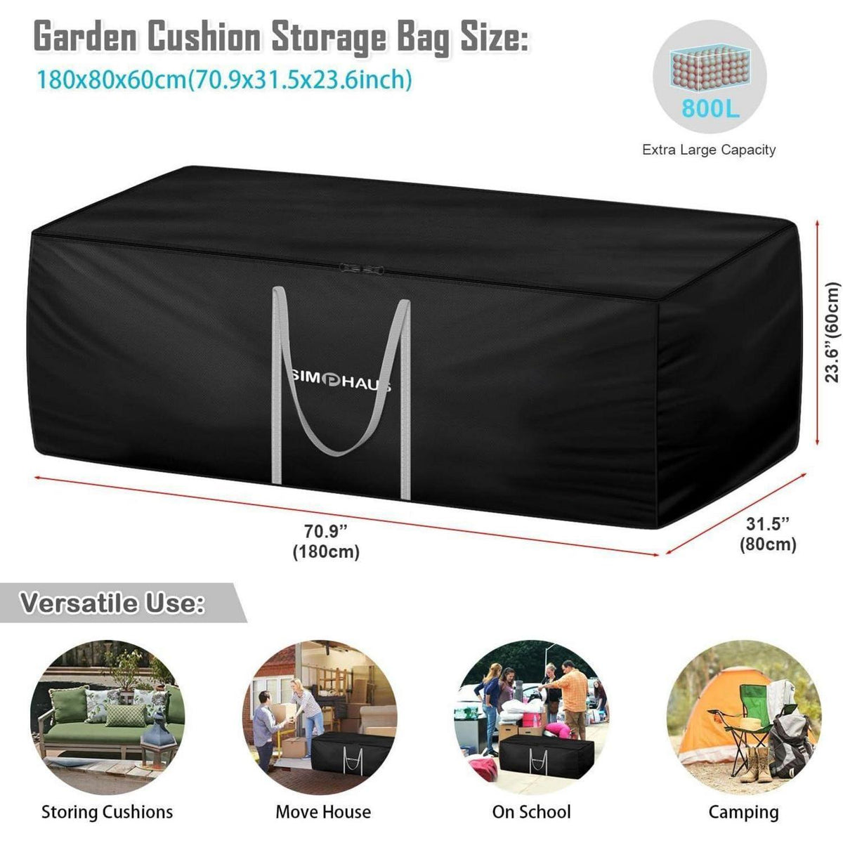 Auflagen Tasche 180x80x60cm - Wasserdichte Aufbewahrung für Polster