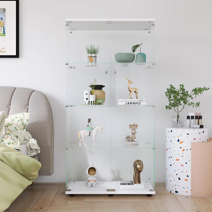 Glasvitrine Weiß 4 Etagen | Moderne Regalkabine für Wohnzimmer