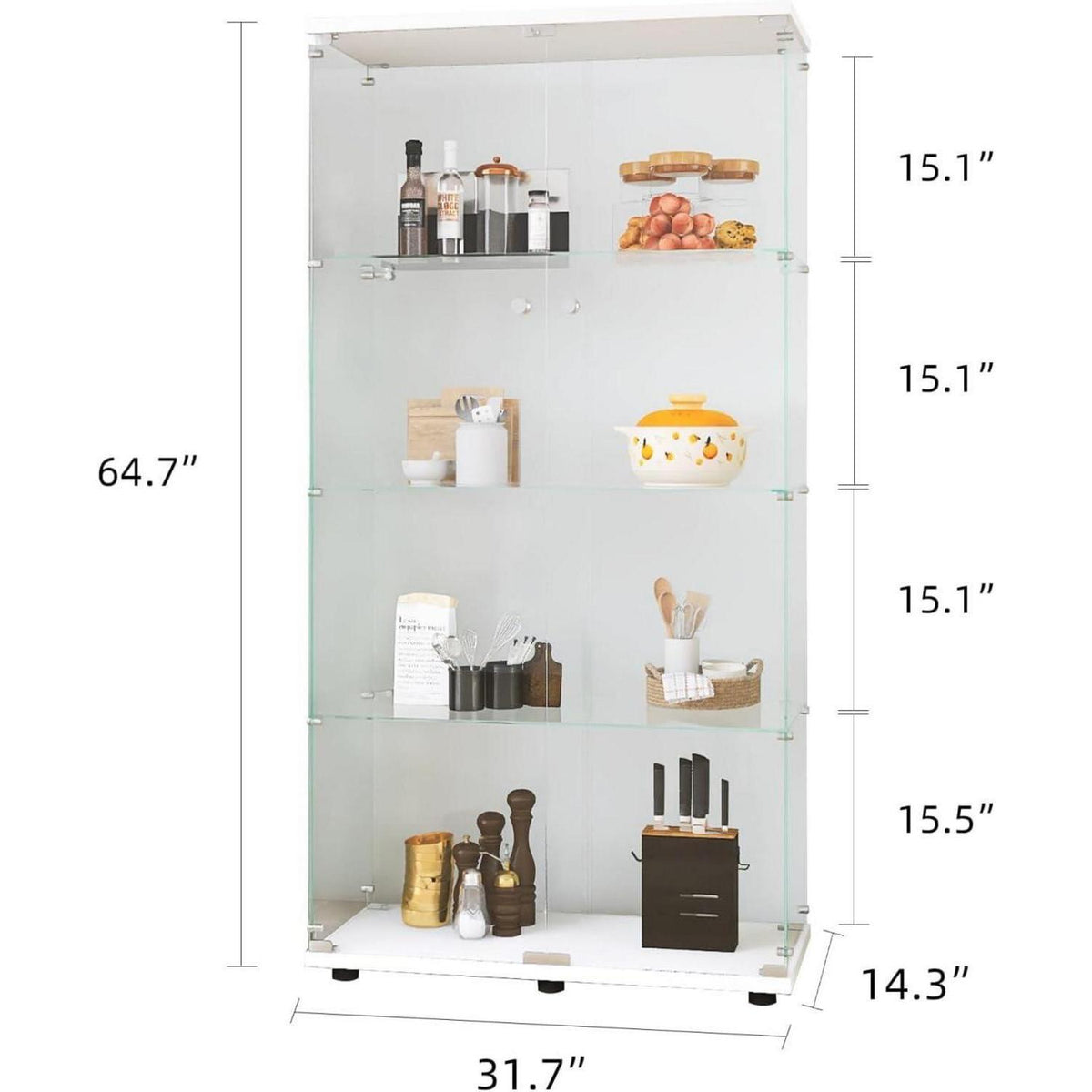 Glasvitrine Weiß 4 Etagen | Moderne Regalkabine für Wohnzimmer