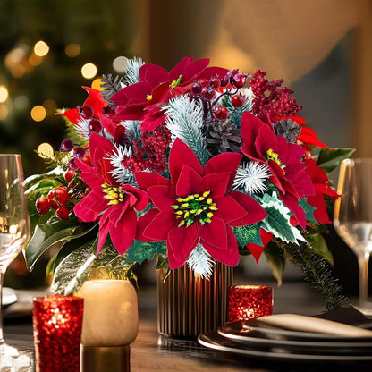 Künstliche Weihnachtssterne 4er Set mit Tannenzweigen & Beeren