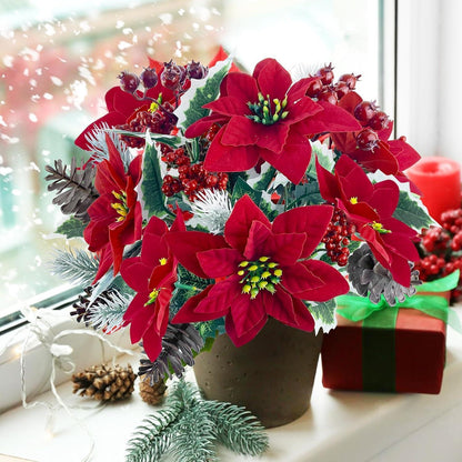 Künstliche Weihnachtssterne 4er Set mit Tannenzweigen & Beeren