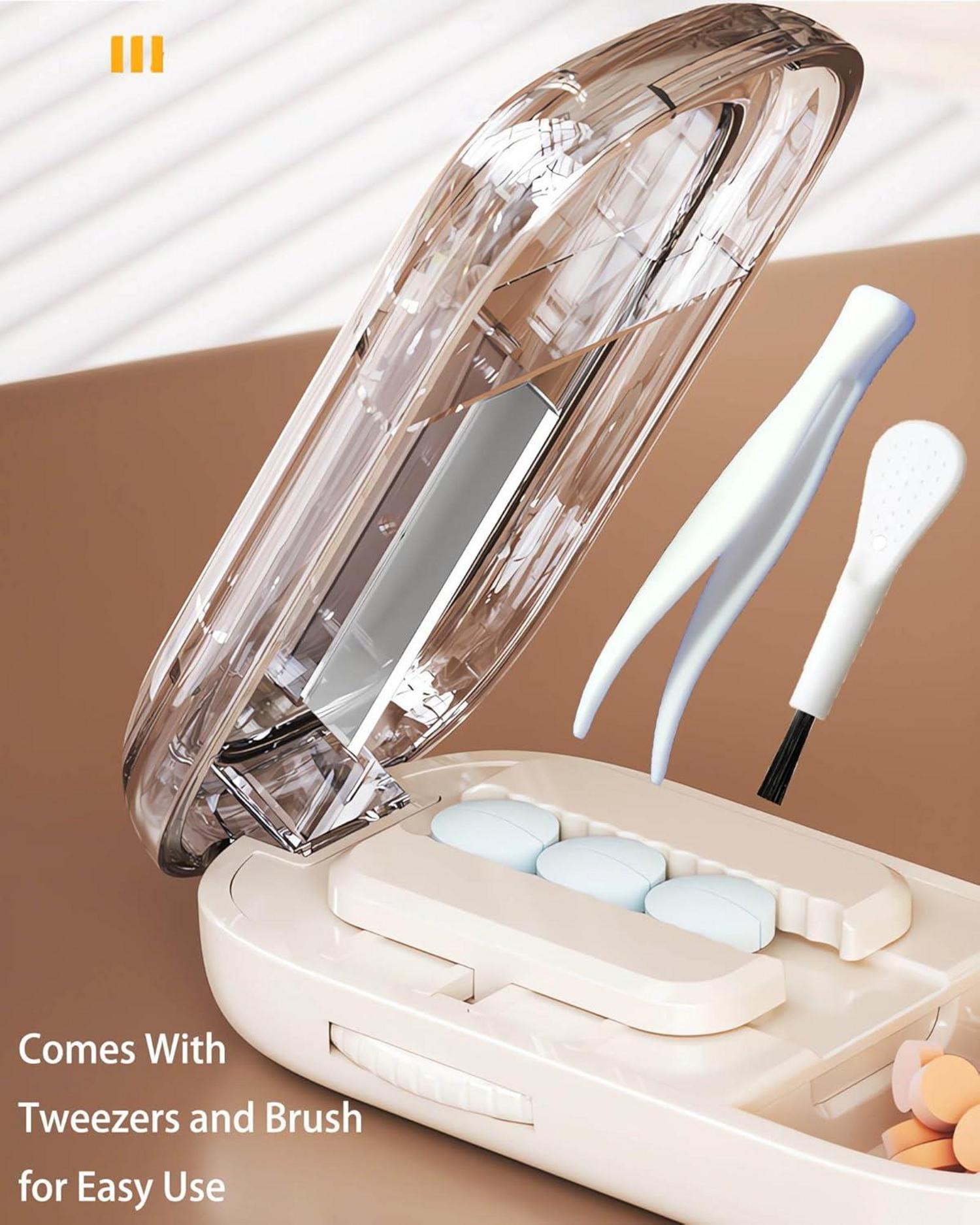 Pillenteiler für Mehrfachpillen mit Bürste - Pillenschneider und Tabletten Teiler - Medikamententeiler mit Aufbewahrungsfach