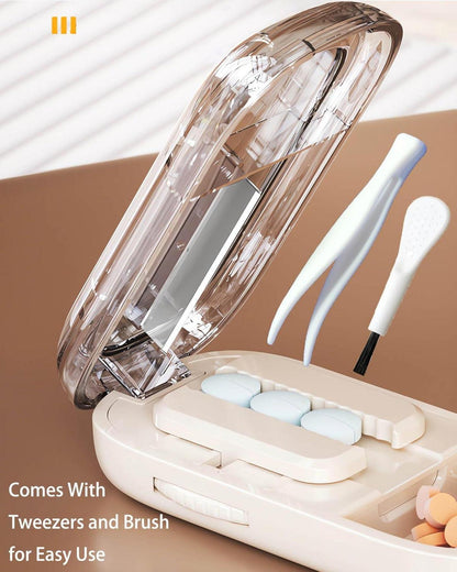 Pillenteiler für Mehrfachpillen mit Bürste - Pillenschneider und Tabletten Teiler - Medikamententeiler mit Aufbewahrungsfach