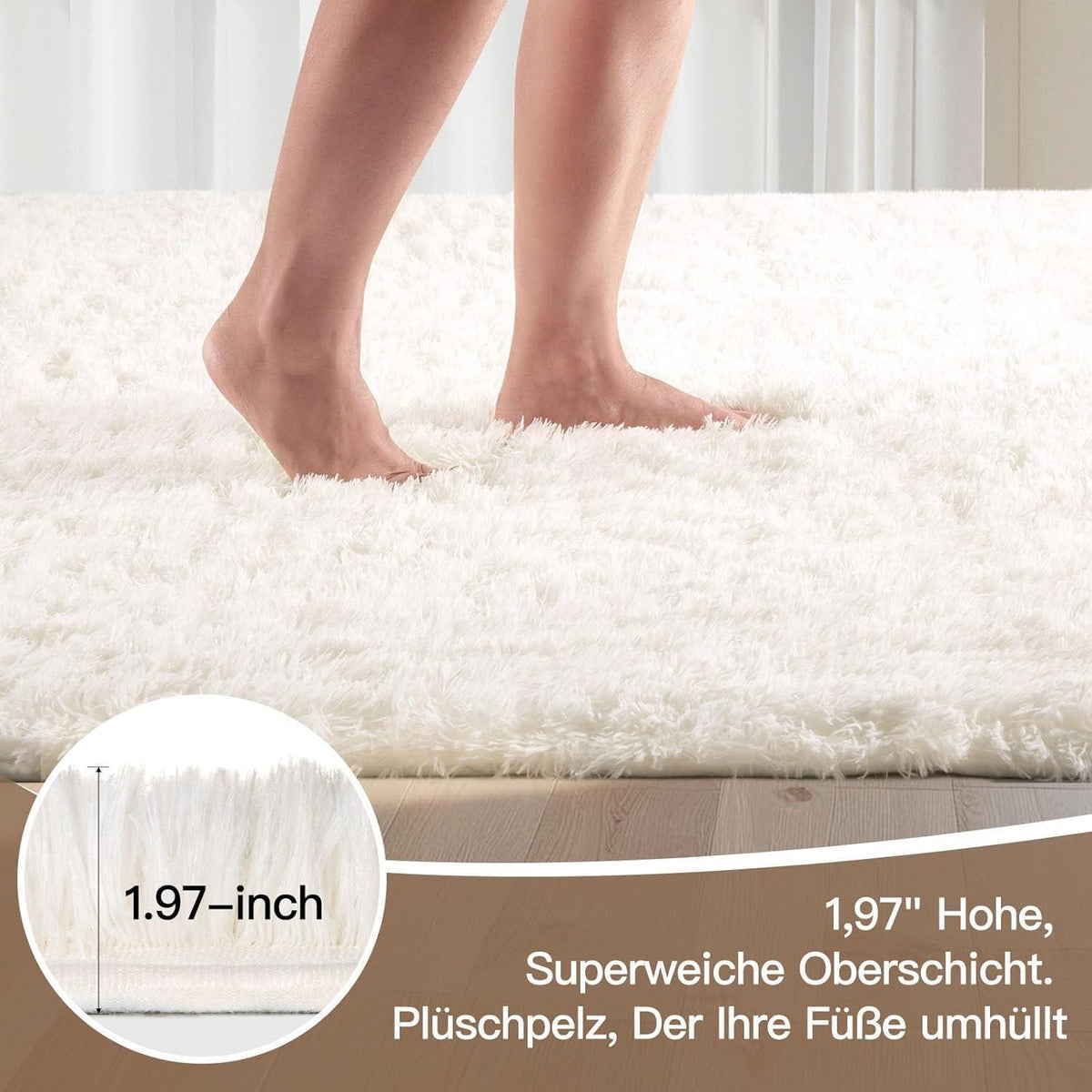 Hochflor Teppich Elfenbeinweiß 200x300 – Flauschiger Wohnzimmerteppich