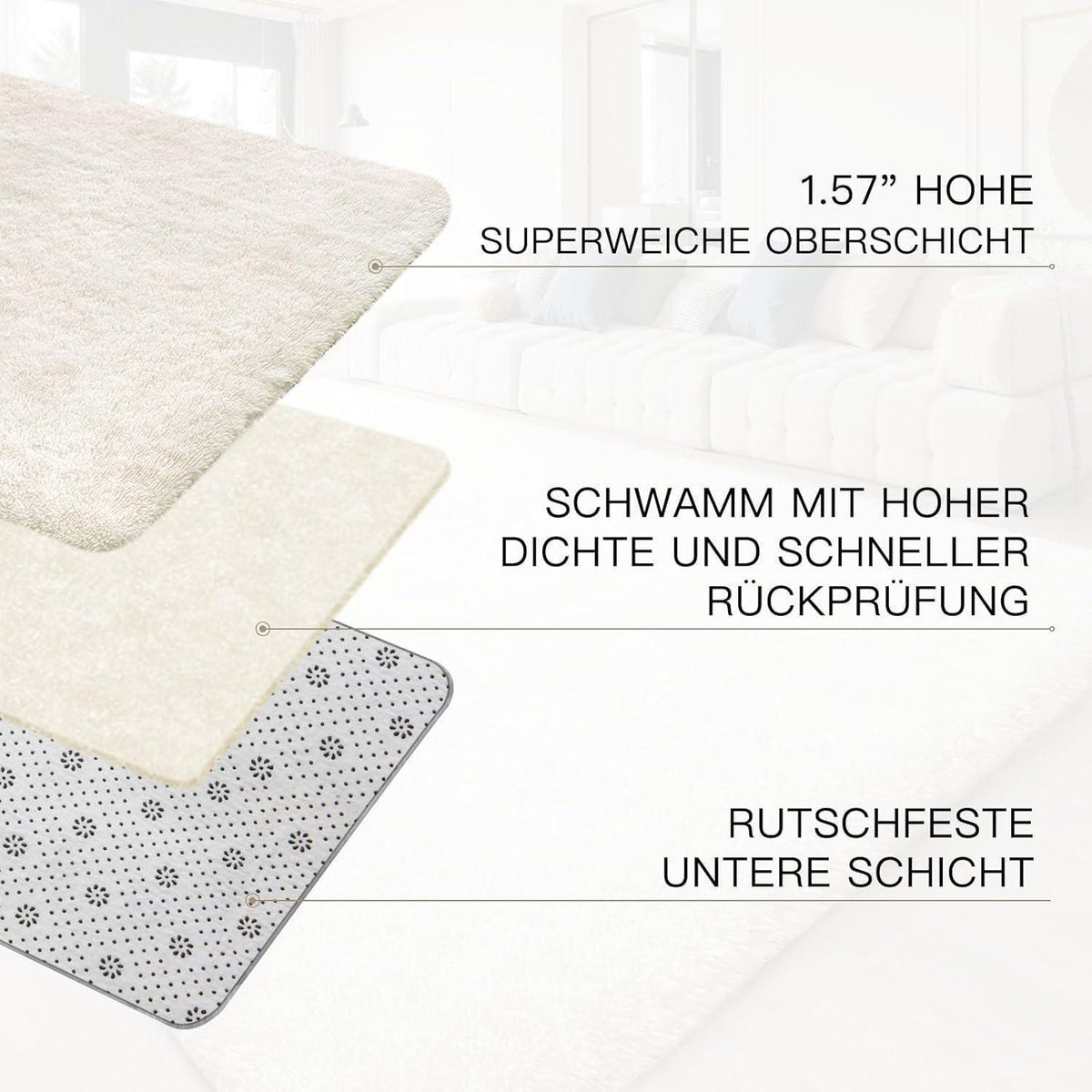 Hochflor Teppich Elfenbeinweiß 200x300 – Flauschiger Wohnzimmerteppich