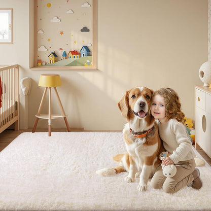 Hochflor Teppich Elfenbeinweiß 200x300 – Flauschiger Wohnzimmerteppich
