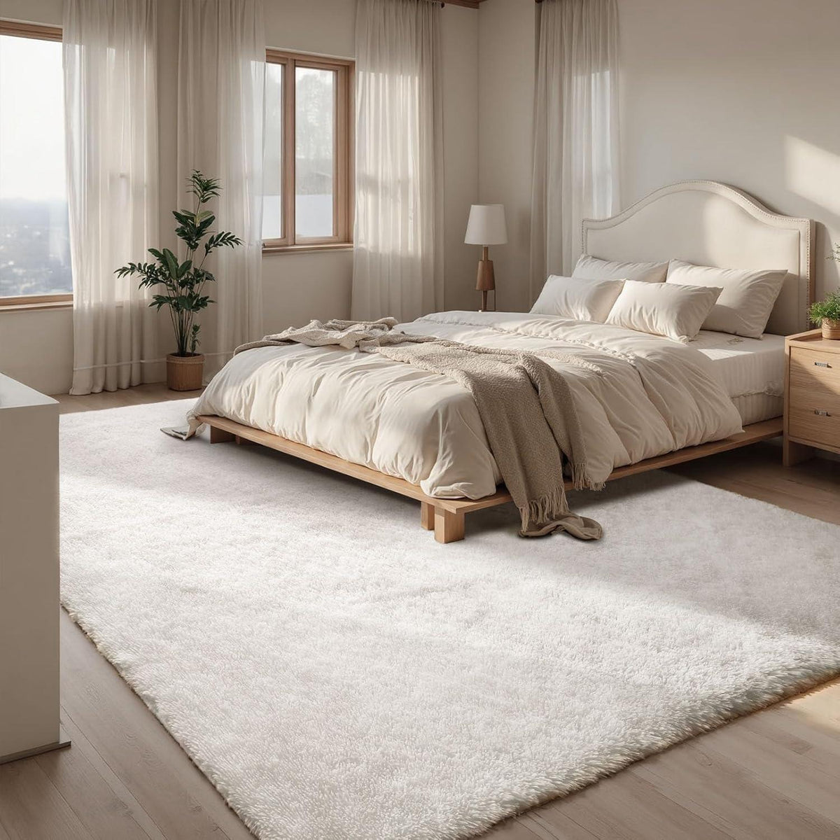 Hochflor Teppich Elfenbeinweiß 200x300 – Flauschiger Wohnzimmerteppich