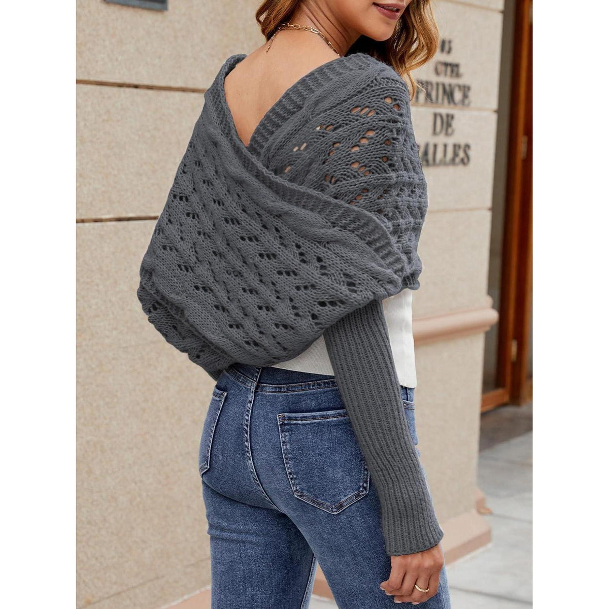 Damen Schal mit Ärmeln – Warmer Poncho Dunkelgrau