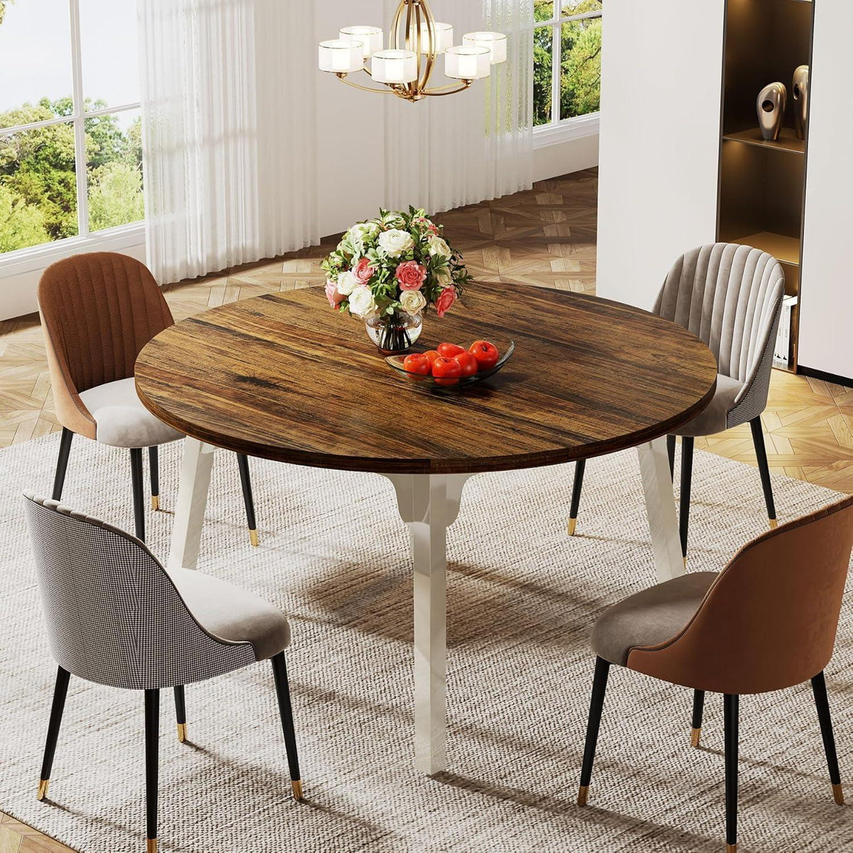 Runder Esstisch 120cm – Massivholz Beine, Braun & Weiß