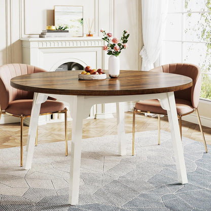 Runder Esstisch 120cm – Massivholz Beine, Braun & Weiß