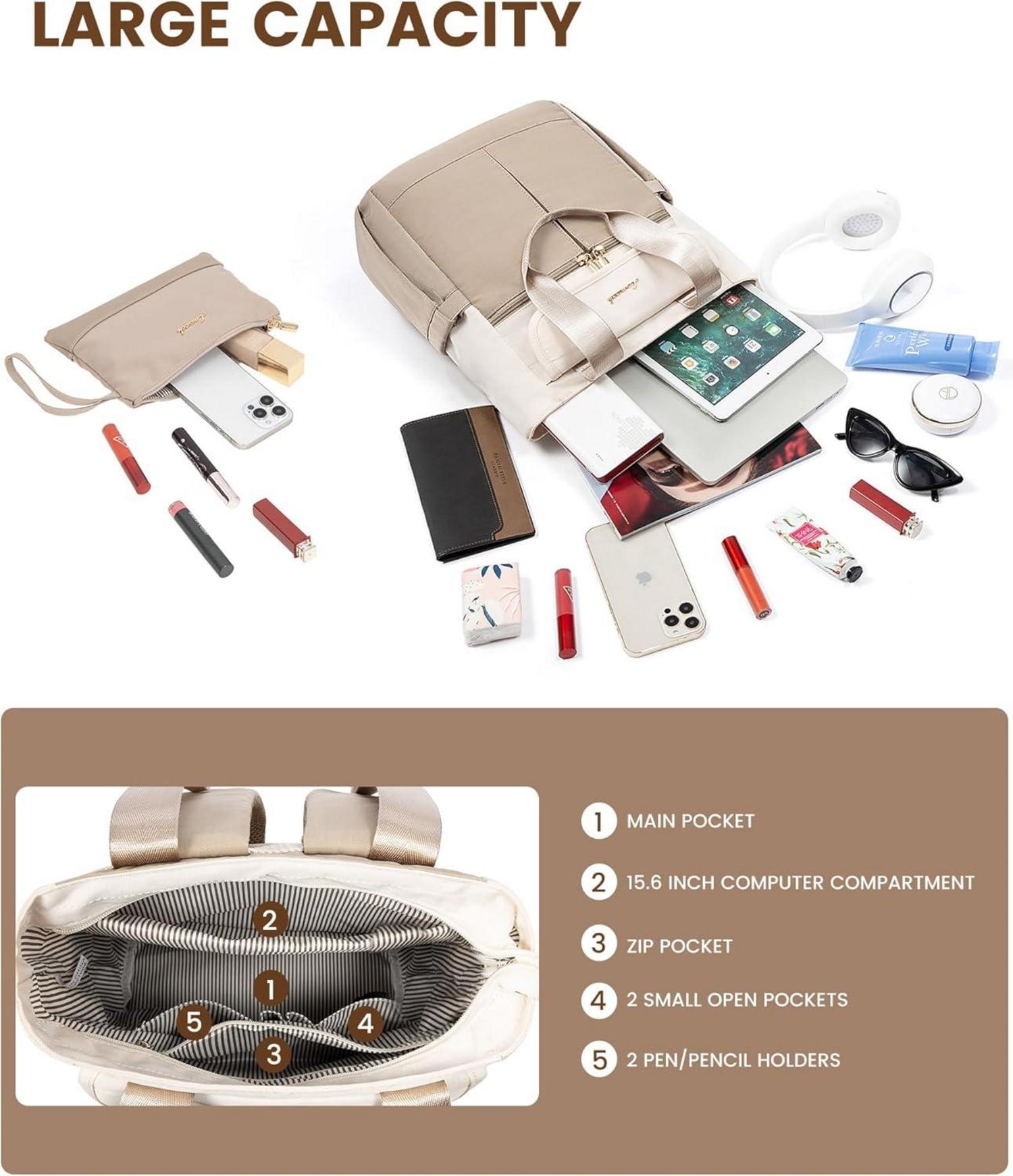 Rucksack Damen Groß 15,6 Zoll Laptop Wasserdicht Beige Khaki