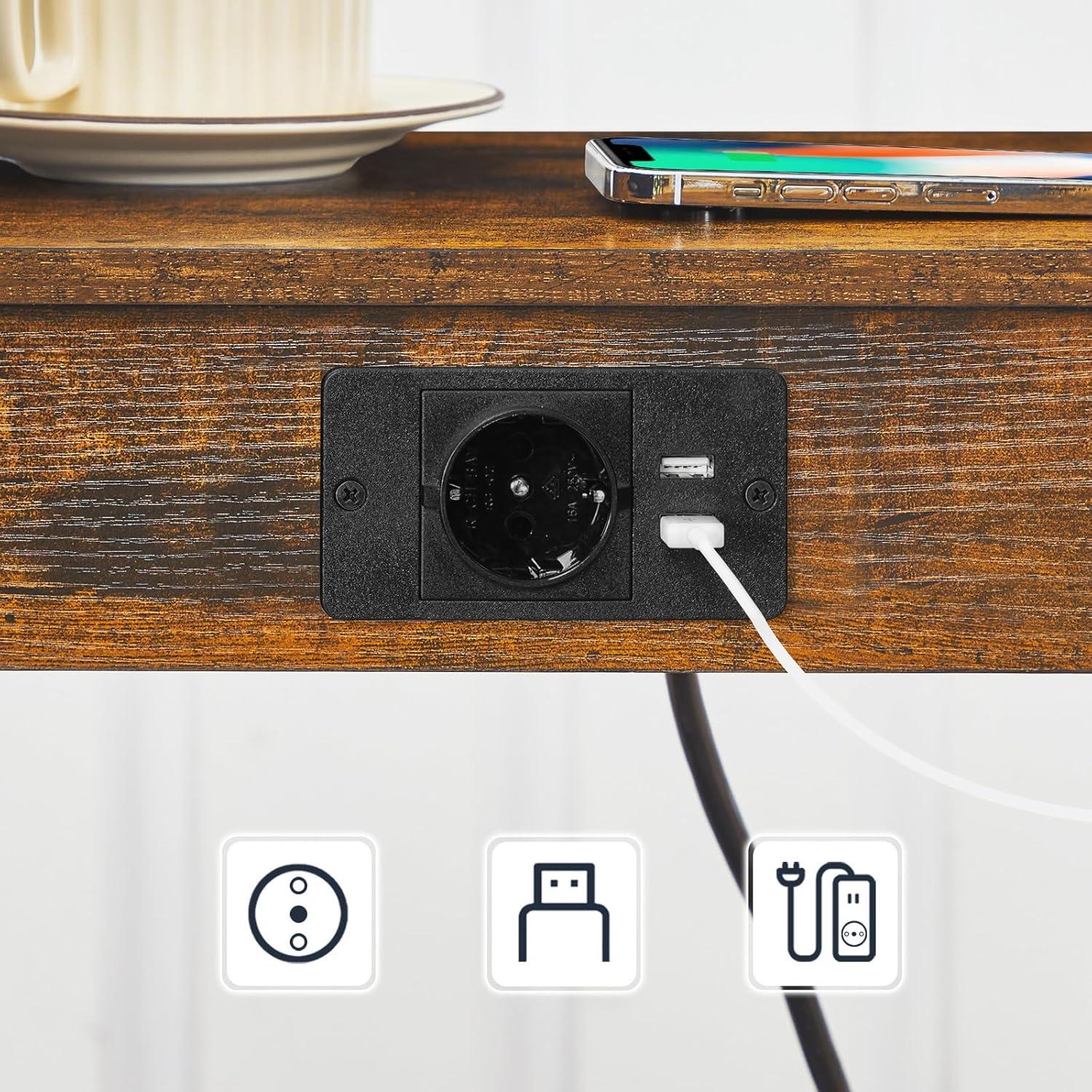 HOOBRO Beistelltische mit Ladestation und USB-Anschlüssen, 2er-Set, Vintagebraun/Schwarz