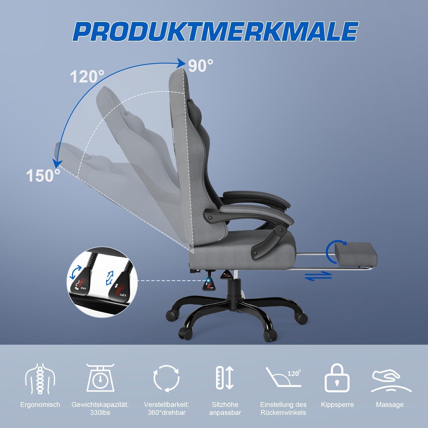 Ergonomischer Gaming Stuhl mit Massage und Fußstütze, 150kg Kapazität