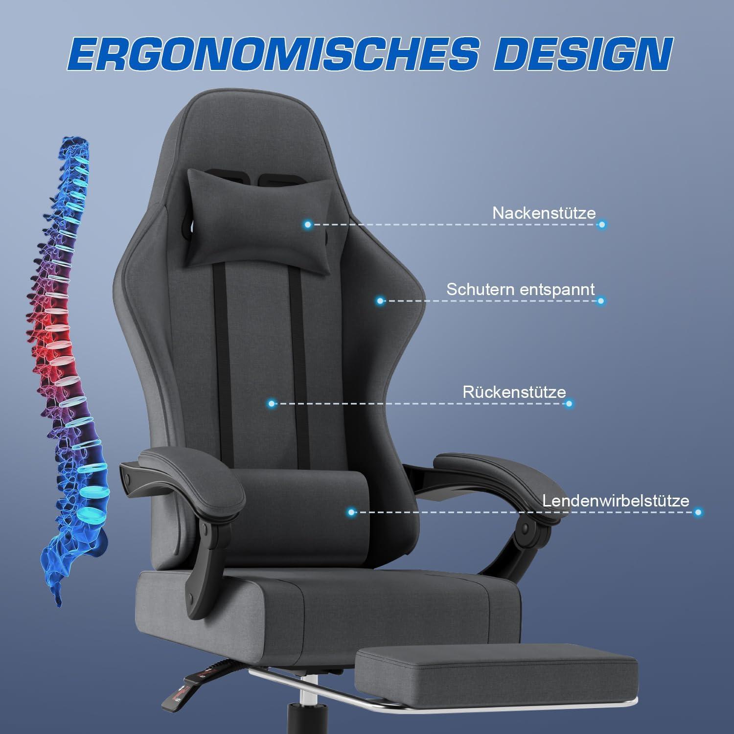Ergonomischer Gaming Stuhl Stoff mit Massage und Fußstütze, 150kg Kapazität