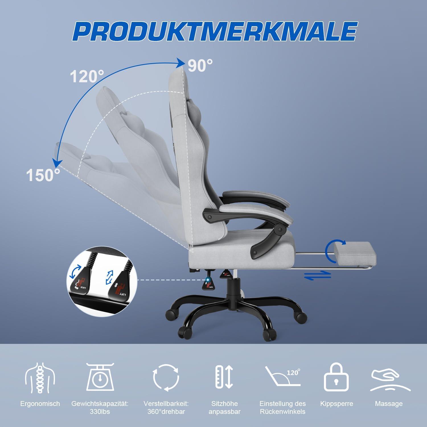 Ergonomischer Gaming Stuhl mit Massagefunktion und verstellbarer
