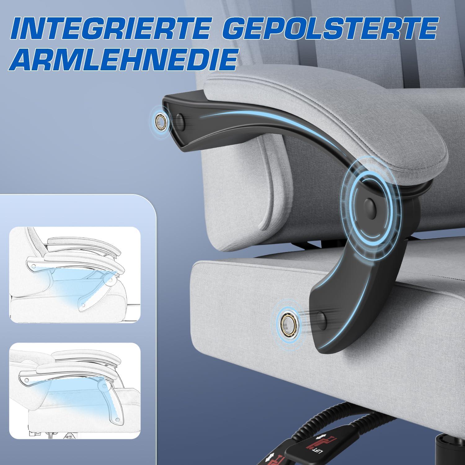 Airfish Gaming Stuhl mit Fußstütze und Massagefunktion, 150kg, 360° drehbar, Hellgrau